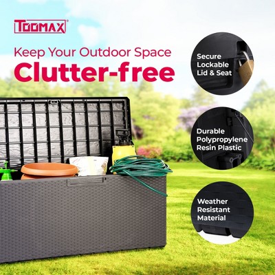 Gray Lockable Plastic Wicker Deck Box with Wheels