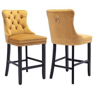 QingMoon Velvet Upholstered Barstools, Button Tufted Counter Chairs Set of 2 with Nailhead Trim and Wooden Legs for Kitchen, Cafe, Pub - 1 of 4