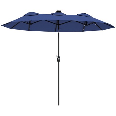 Outsunny 9.7' Double-sided Patio Umbrella with LED Solar Light, Tilt and Crank, Outdoor Umbrella, Navy Blue
