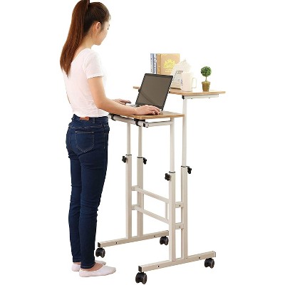 SDADI L101XWFDT Adjustable-Height Steel-Framed Mobile Standing Office Computer Desk with 2 Tiers and Lockable Caster Wheels, Dark Grain