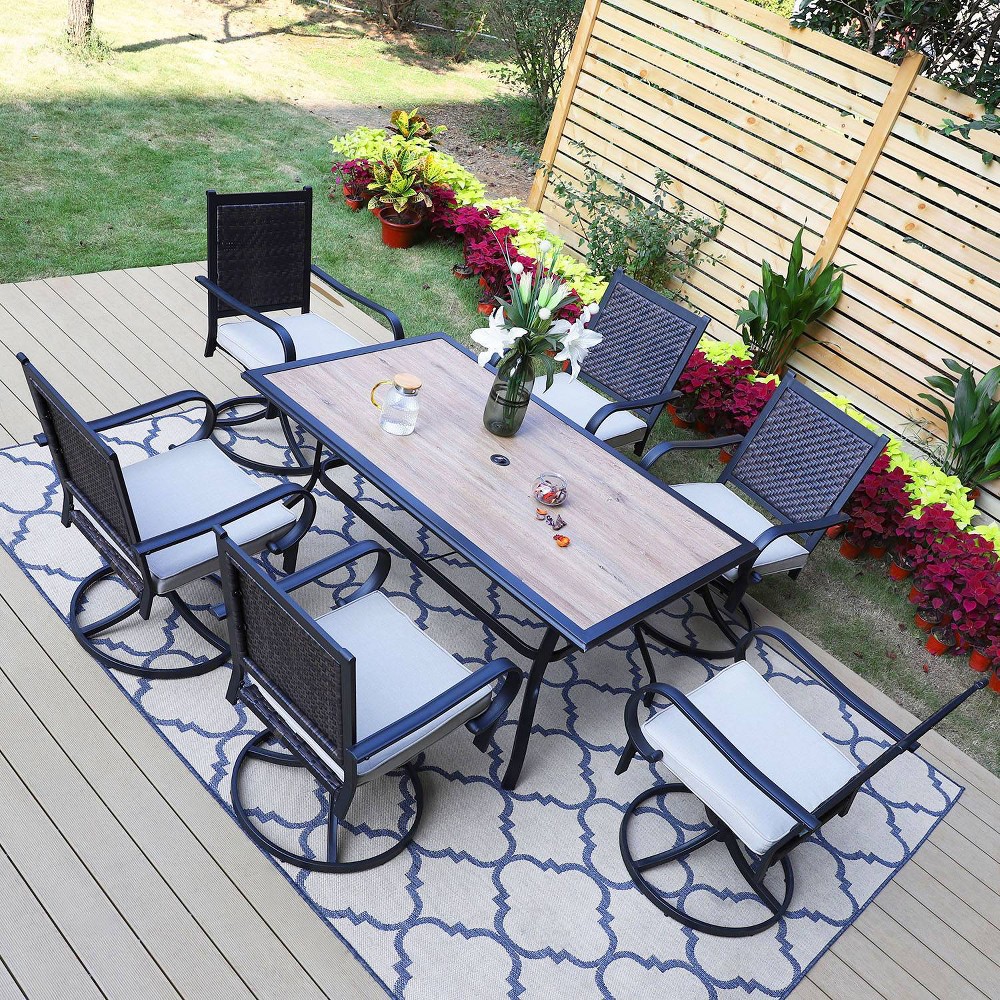 7pc Patio Dining Set with 360 Swivel Chairs with Cushions and Rectangle Plastic Tabletop Table Captiva Designs