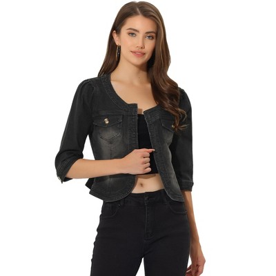 INSPIRE CHIC Women's Collarless Pockets 3/4 Sleeve Denim Jackets