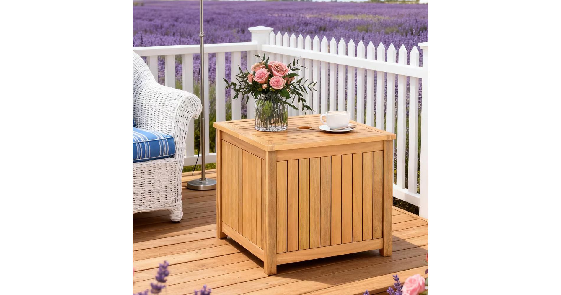 2-in-1 Acacia Wood Outdoor Side Table with Storage, Square Slatted Patio Table with Umbrella Hole & Gas Struts, Reinforced Crossbars