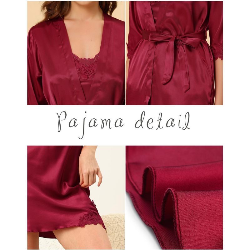 cheibear Womens 4pcs Sleepwear Pjs Satin Lingerie Cami with Shorts Robe Pajama Set, 4 of 6