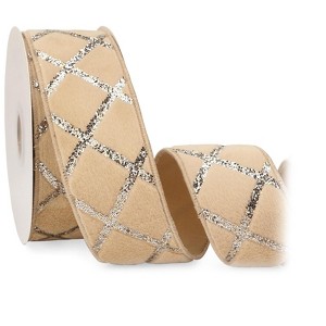 Aoibox Champagne Velvet Wired Ribbon 2.5 Inch x 10 Yards 1 Roll Fluffy Faux Fur Grid Glitter Sequin for Christmas Tree Bows Wreaths Decor - 1 of 3