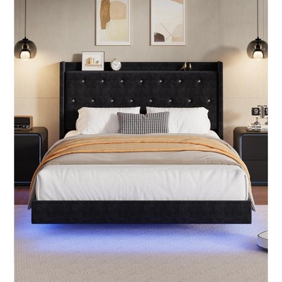 Floating Bed Frame, Queen Bed Frame, Velvet Upholstered Platform Bed with Storage Headboard, RGB LED Light, Wood Slats, Noise Free, Easy Assembly