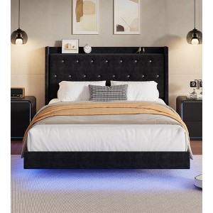 Floating Bed Frame, Queen Bed Frame, Velvet Upholstered Platform Bed with Storage Headboard, RGB LED Light, Wood Slats, Noise Free, Easy Assembly - 1 of 4