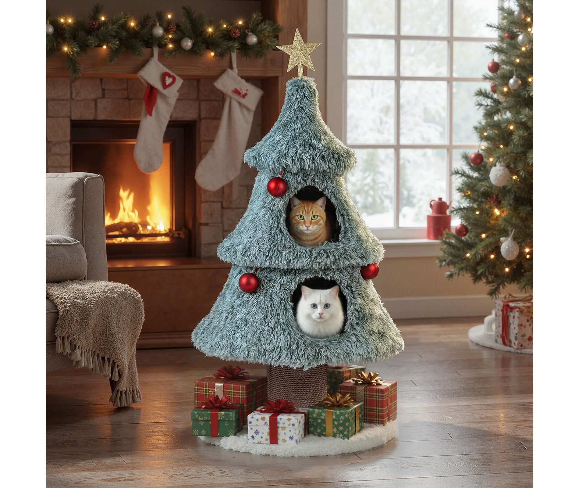 Costway 48.5” Christmas Cat Tree for Indoor Cats with 2 Large Condos, Scratching Post