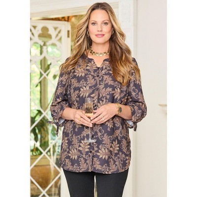 Catherines Petite Georgette Buttonfront Tie Sleeve Cafe Blouse