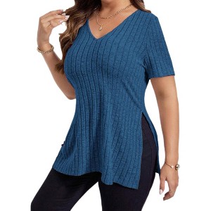 Womens Plus Size Tops Casual V Neck Short Sleeve Shirts Split Hem Blouses - 1 of 4