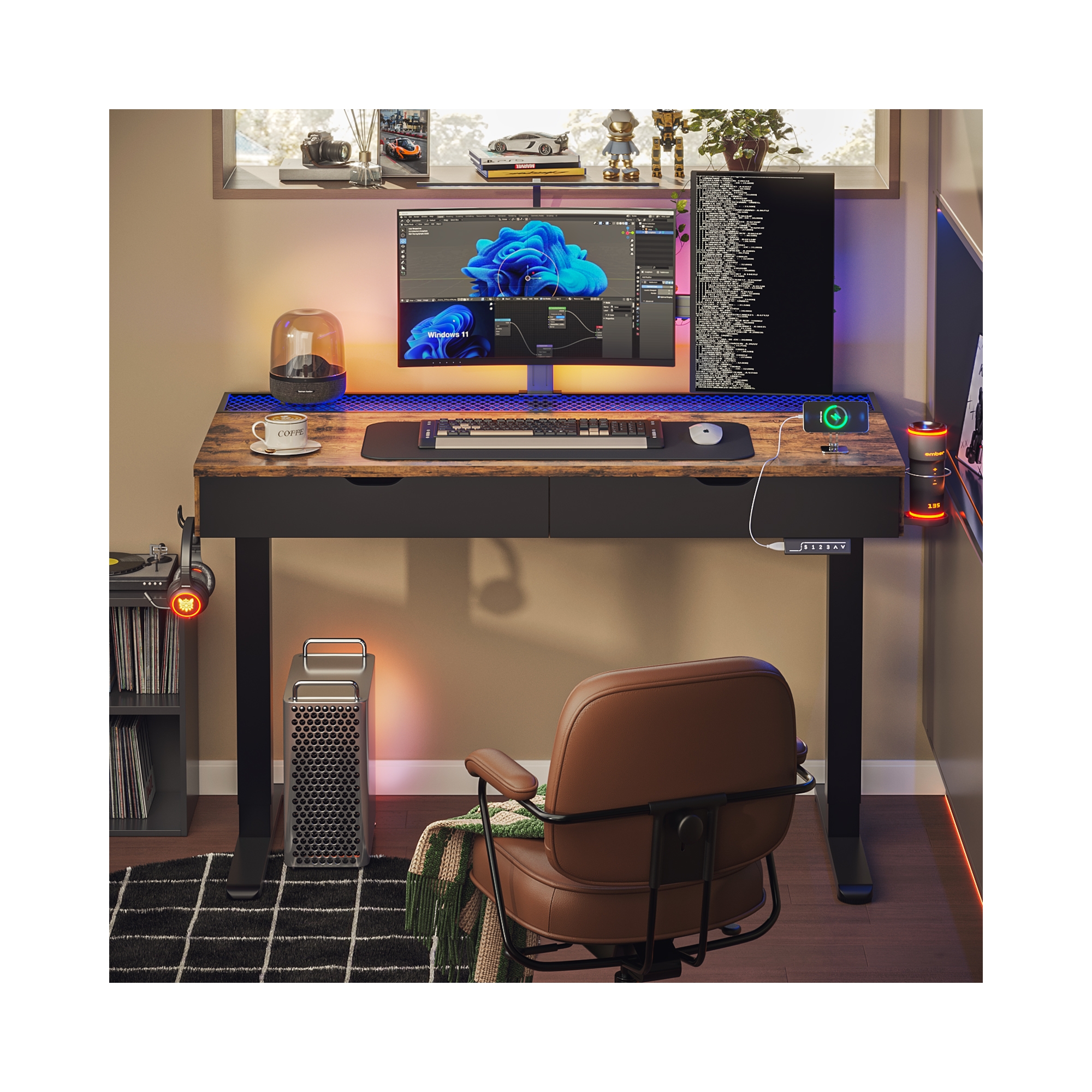 Bestier 47 x 24 Inch Electric Standing Desk with Double Drawers and LED Light for Home Office, Height Adjustable Desk, Computer Desk Brown