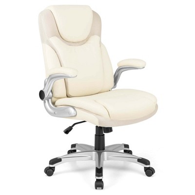 Costway Ergonomic Office Chair PU Leather Executive Swivel with Flip-up Armrests Beige