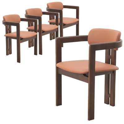 LeisureMod Upholstered Dining Chair in Leather with Open Back and Wood Legs Set of 4 Velo Series