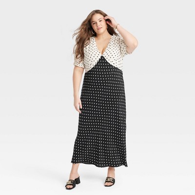 Women's Crepe Puff Short Sleeve Midi Dress - A New Day™ Black/White Polka Dots 3X