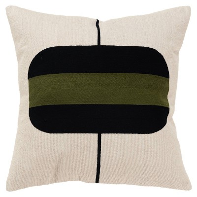 20'' Square Beige and Black Cotton Embroidered Throw Pillow