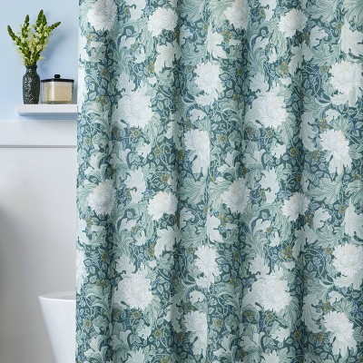 Green and White Floral Fabric Shower Curtain with Grommets