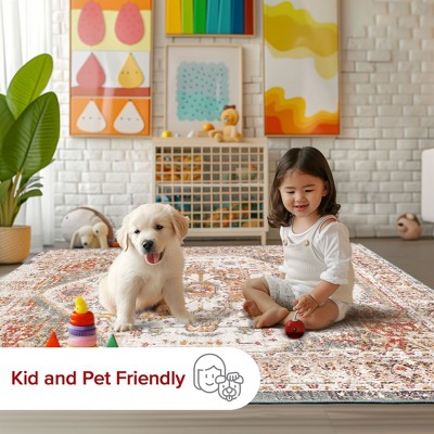 Beige Medallion Rectangular Easy Care Synthetic Rug