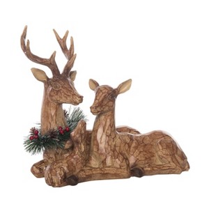 Transpac Resin Carved Laying Reindeer Couple Figurine - Christmas Decorative Object for Holiday Home Decor - 1 of 2