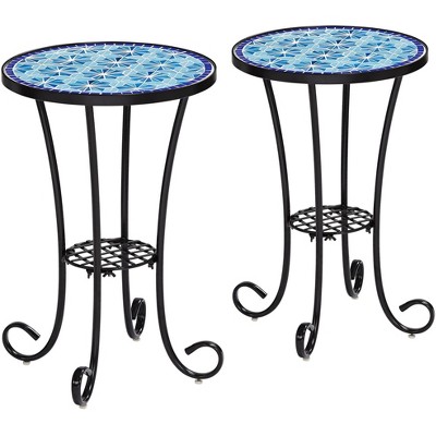 Teal Island Designs Coastal Black Round Outdoor Accent Side Tables Set of 2 14" Wide Blue Stars Mosaic Tabletop Front Porch Patio Home House