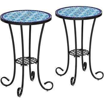 Teal Island Designs Coastal Black Round Outdoor Accent Side Tables 14" Wide Set of 2 Blue Stars Mosaic Tabletop Front Porch Patio Home House