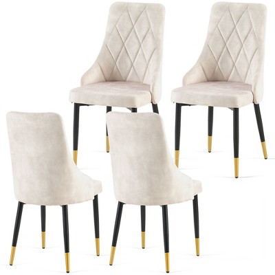 LOVMOR Mid-Century Velvet Dinning Chairs of 4 w/Upholstered Seat and Square-Patterned Backrest,Metal Legs for Dining Room,Living Room
