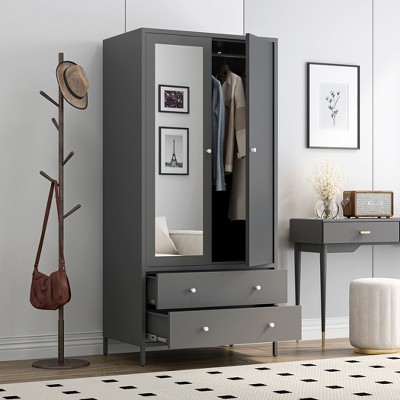 TIRAMISUBEST 3-Doors Wooden Rattan Wardrobe Storage for Bedroom - Mobile Lateral Filing Cabinet, Locking Wheels, Adjustable Shelf