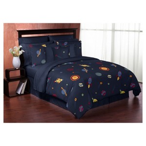 Navy Space Galaxy Comforter Set (Full/Queen) - Sweet Jojo Designs , Blue Red Yellow
