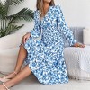 Women's Summer Fall lantern Long Sleeve Smocked Waist Floral Maxi Boho Dress Wrap V Neck Ruffle Hem Long Dress - 3 of 4