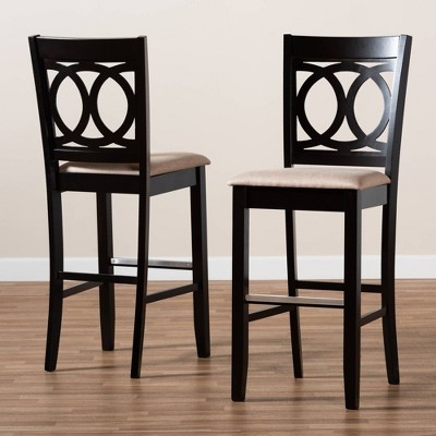 Set of 2 Sand Upholstered Oak Bar Stools with Espresso Finish