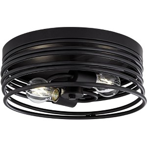 Possini Euro Design Beardsley 13" Modern Industrial 2-Light Flush-Mount Ceiling Light Fixture Kitchen Foyer Hallway Drum Round Black Finish Metal - 1 of 4