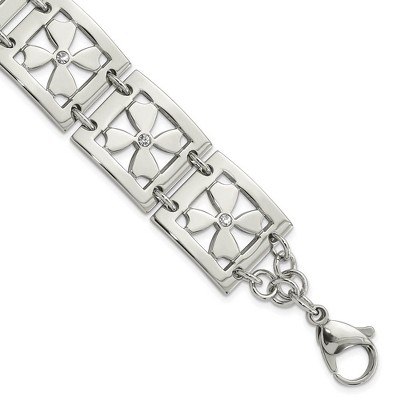 Black Bow Jewelry Stainless Steel and Cubic Zirconia Flower Link Bracelet, 7.5 Inch