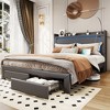 Vlsrka Queen Bed with LED lights and charging station, upholstered headboard with drawers, nightstand, and reading lamp. - 3 of 4