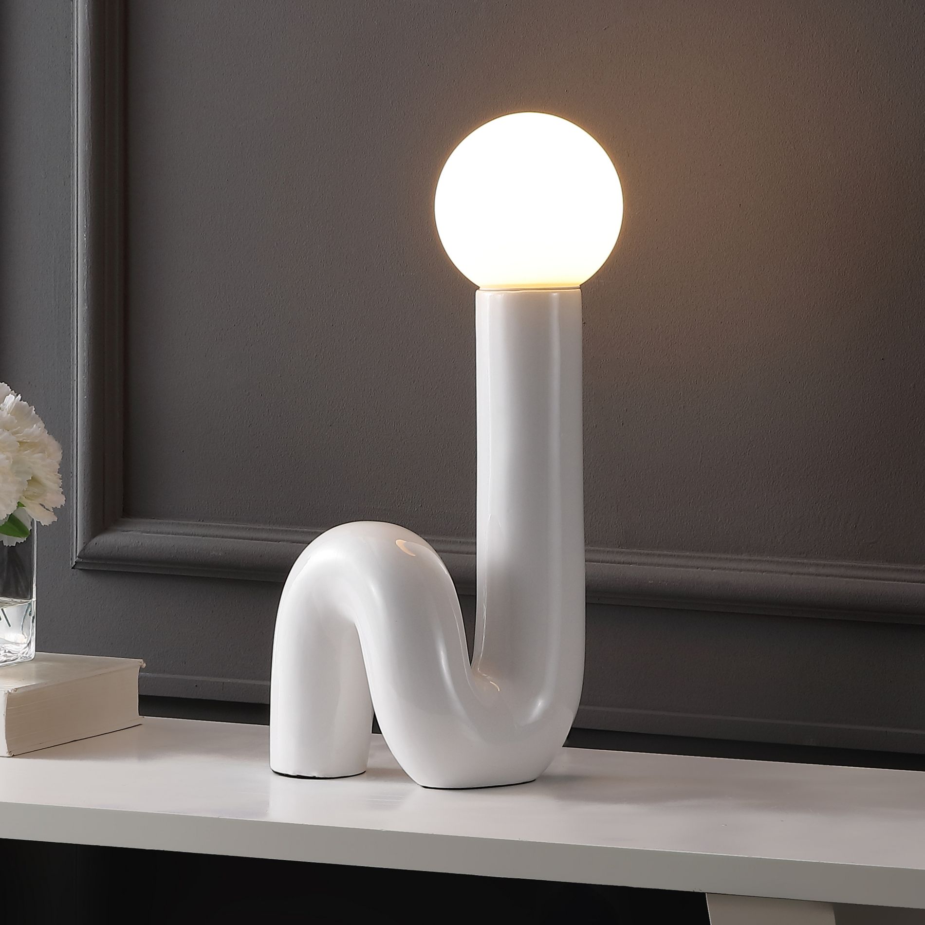 JONATHAN Y Katya 18" Scandinavian Minimalist Ceramic Spiral Tube LED Table Lamp, White