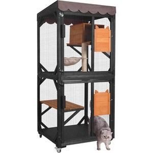 Cedar Wood Galvanized Iron Mesh Small Cat Cage/Cat House for Outdoor Courtyard Cats, Featuring an Upgraded Resting Box and Cat Ear Door Design - 1 of 4