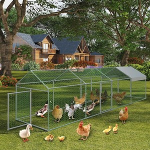 Metal Chicken Coop with Waterproof Anti-UV Cover, 3-Door Walk-In Poultry Run for Hens Ducks Rabbits Geese - 1 of 4