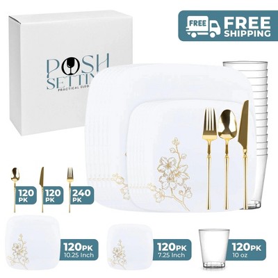 Posh Setting 840 Piece White And Gold Plastic Party Bundle - Gold Buds (120 Settings)