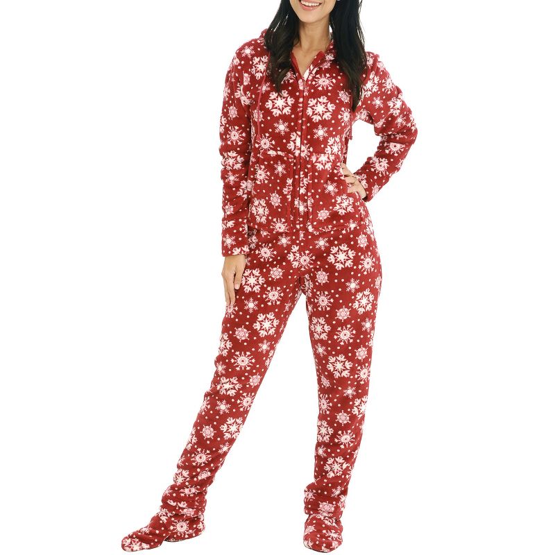 Women's Plush Fleece One Piece Hooded Footed Zipper Pajamas, Soft Adult Onesie Footie with Hood, 1 of 7
