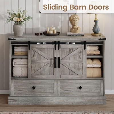 Homhougo 4-Drawer Dresser | 45" Storage Chest with Sliding Barn Doors & Bar Handles | TV Stand or Bedroom Dresser Gray