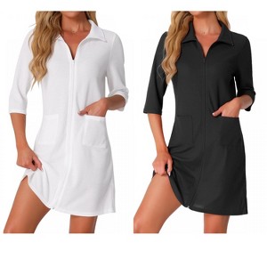 INSPIRE CHIC Women's 2 Pcs Zip Waffle Robes 3/4-Sleeve Bathrobe Knee-Length Housecoat Short Sleepwear with Pockets - 1 of 4