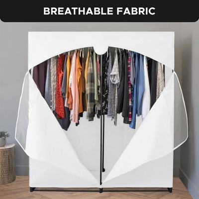 White Portable Wardrobe Closet with Metal Hanging Rod