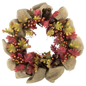 Northlight Rustic Burlap Fall Harvest Wreath with Acorns and Berries, 18-Inch - 1 of 4
