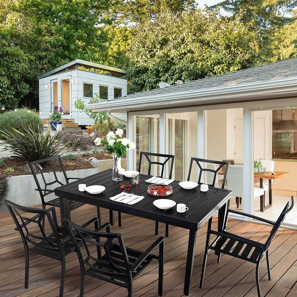 7pc Metal Patio Dining Set with Rectangular Expandable Table & 6 Chairs Captiva Designs