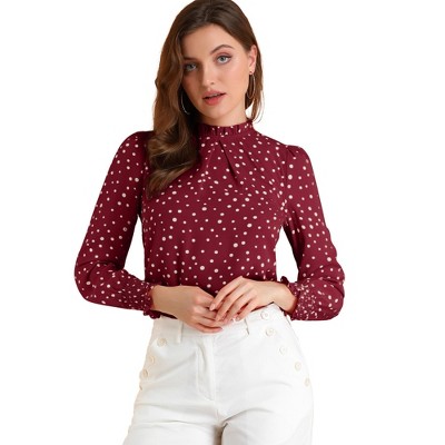 Allegra K Women's Smocked Cuffs Puff Sleeve Ruffled Neck Vintage Polka Dots Blouses