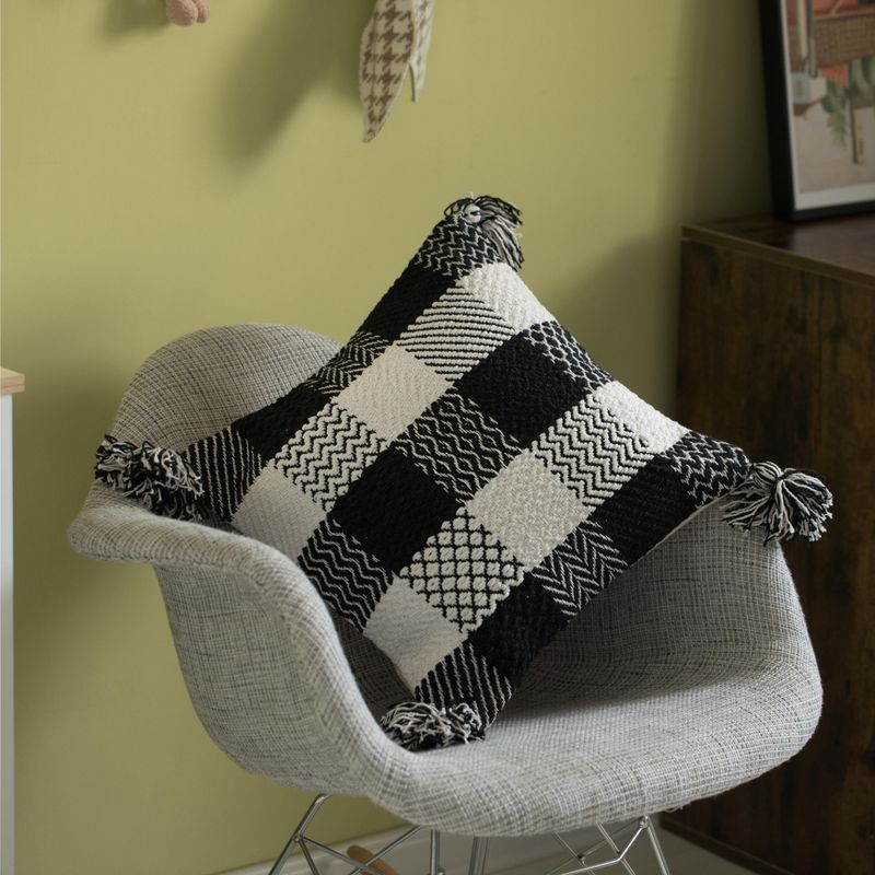 DEERLUX 16" Handwoven Cotton Throw Pillow Cover with Patterned Gingham Design and Tasseled Corners , Black & White, 4 of 10