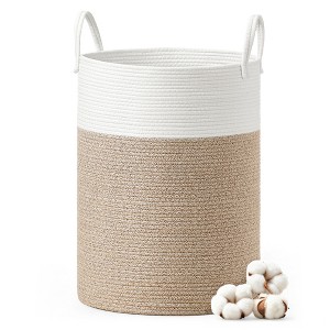 Cotton Rope Laundry Basket, 21.1 Gal Natural Fiber Hamper with Handles, for Kids' Toys Clothing Bedroom Living Room, White & Grayish Brown - 1 of 4