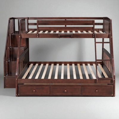 Twin Over Full Bunk Bed with Drawers, Storage Staircase, Ladder, Convertible Design, Espresso Wood Frame