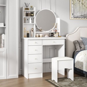 Hitow Makeup Table Set Vanity Table with Stool and Round Mirror Ring LED Strip Lights - 1 of 4