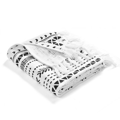 50"x60" Hygge Striped Cotton Slub Tassel Fringe Throw Blanket Black/White - Lush Décor