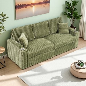 80" Corduroy 2-in-1 Pull-Out Sofa with Recliner & Cup Holder - 1 of 4
