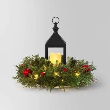 16" Pre-lit LED Decorated Mixed Greenery Christmas Artificial Pot Filler with Lantern and Candle Warm White Lights - Wondershop™